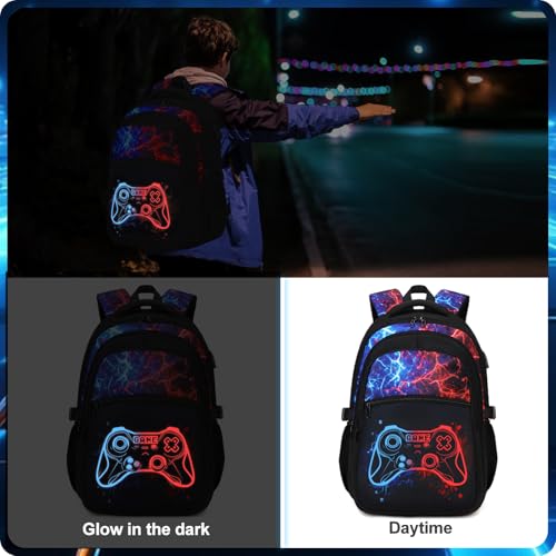 Boys Luminous Gamer School Backpack 3-Piece Set with Lunch Box & USB Port