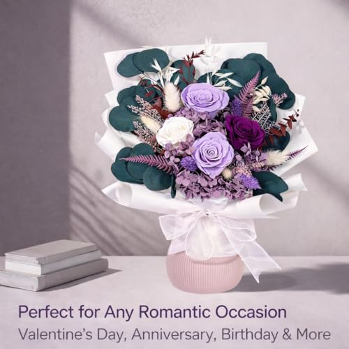 Preserved Purple Rose Bouquet, Long-Lasting Floral Arrangement Gift