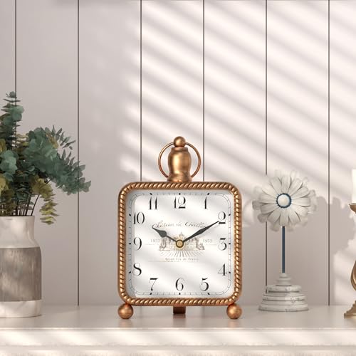 Vintage Gold Table Clock, French Rustic Mantel Clock for Shelf or Desk