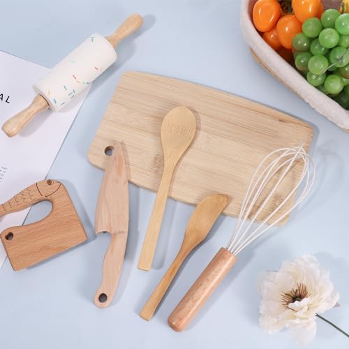 7-Piece Wooden Kids Kitchen Knife and Toddler Cooking Tool Set