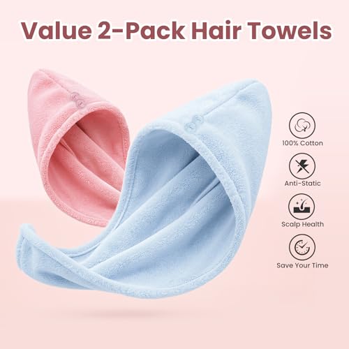Mandydov Blue & Blush 100% Cotton Hair Towel Wrap for Women - 2 Pack, Ultra-Absorbent & Adjustable
