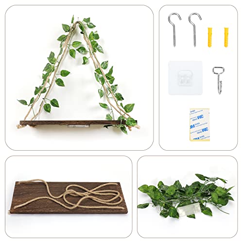 2-Pack Triangular Floating Wall Shelves with LED Lights and Ivy