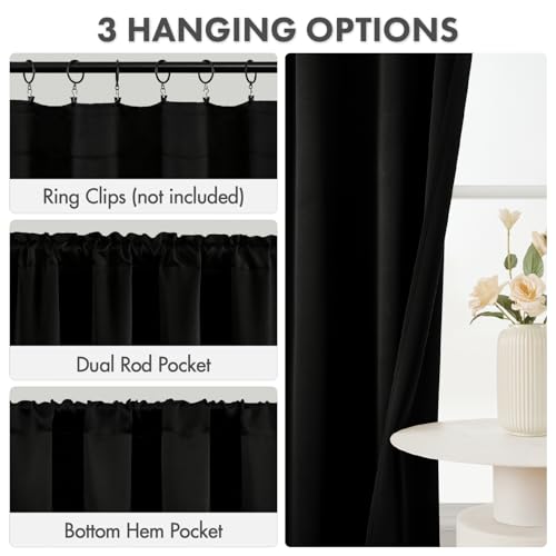 4-Panel Black Blackout Curtains 63 Inch - Thermal Rod Pocket Window Drapes