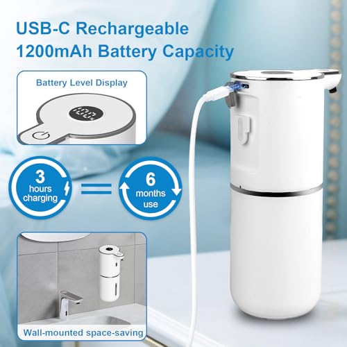OHIFAST White Touchless Liquid Soap Dispenser, 12.8oz Wall Mount, USB Rechargeable, 6-Level Adjustable