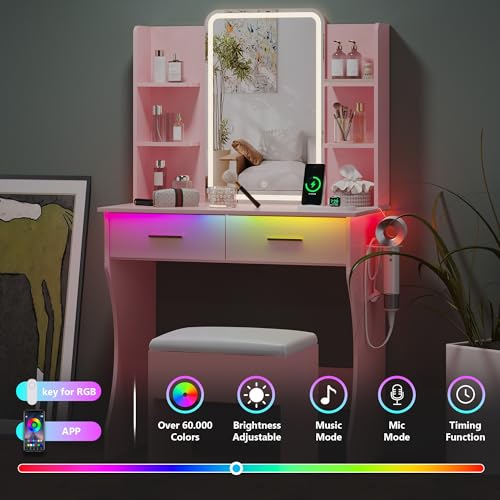 Small Vanity Desk with LED Mirror, Charging Station, and Storage Stool