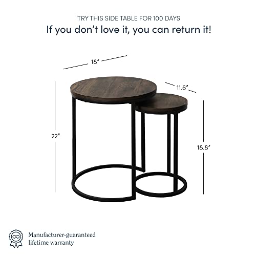 Round Nesting Side Table Set of 2, Modern Metal and Wood Accent End Tables
