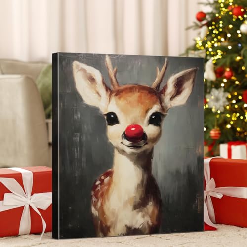 Reindeer Vintage Christmas Canvas Wall Art 8x10 - XIPLUM, Red Nose Whimsical Deer Print (Reindeer)
