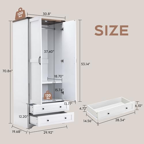 2-Door Wooden Armoire Wardrobe with 2 Drawers and Hanging Rail - White