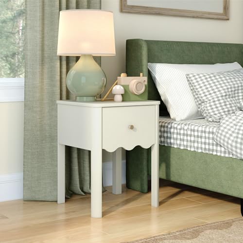 Solid Wood Kids Nightstand with Drawer, Wavy Trim - Linen White