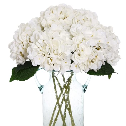 White Silk Artificial Hydrangea Flowers with Stems - Set of 6, 17.7"