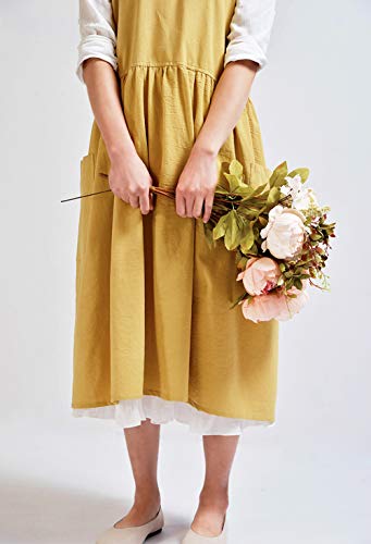 Cotton Linen Cross Back Pinafore Apron with Pockets - Yellow Smock