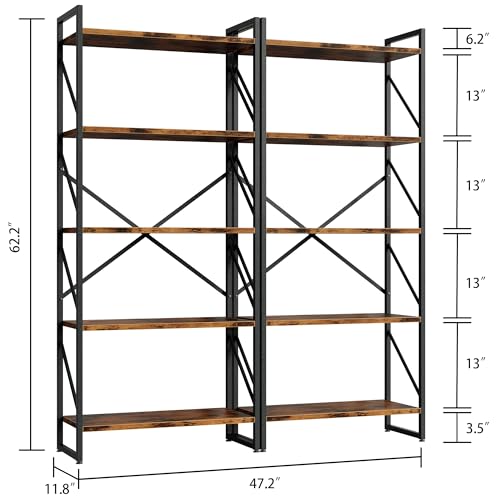 5-Tier Industrial Bookshelf, Tall Metal and Wood Storage Bookcase