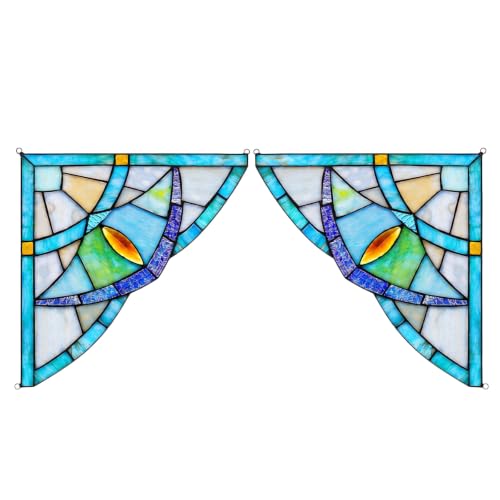 10x10 Inch Stained Glass Corner Panels Set - Blue and Green Suncatchers