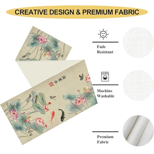 Drapeloft 13" x 90" Ink Painting Japanese Table Runner - Traditional Koi & Butterfly Design
