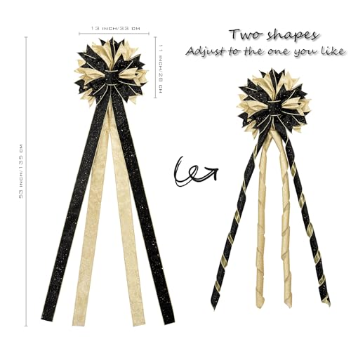 Black & Gold Large Christmas Tree Topper Bow 53x13 Inches - Handmade Holiday Decor
