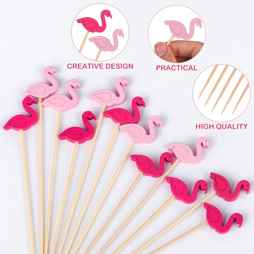 JtmyAota Flamingo Cocktail Picks - 100 Natural Bamboo Party Toothpicks