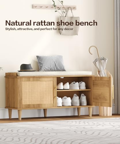 Rattan Shoe Storage Bench with Padded Cushion and Adjustable Shelves