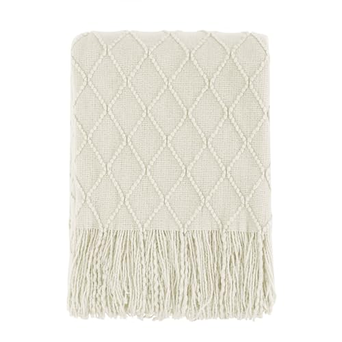 Beige Boho Knitted Throw Blanket 50x60 Inch Soft Acrylic Couch Blanket