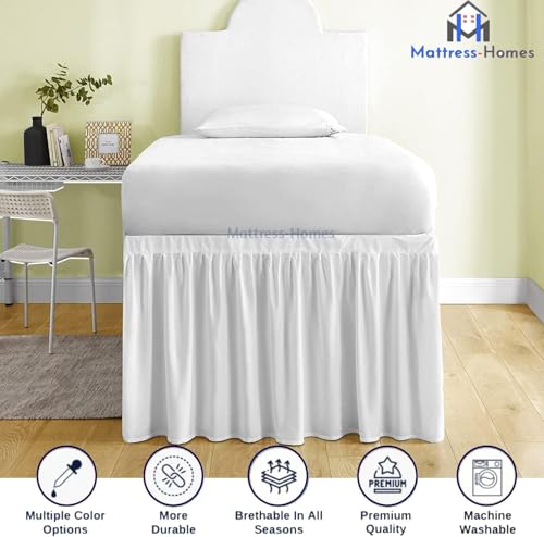 Twin XL Dorm Bed Skirt with 46-Inch Drop & Split Corners - White Dust Ruffle