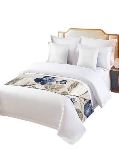 Cal King Bed Runner - Blue Gray Vintage Botanical Floral Satin Bed Scarf