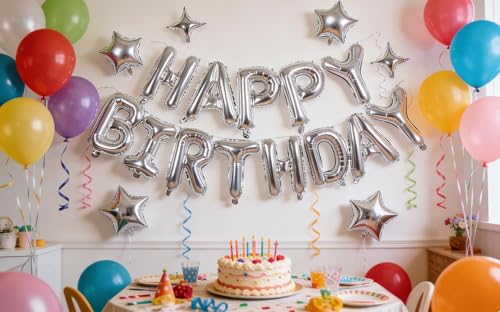 Silver Happy Birthday Foil Balloon Banner with Star Decorations