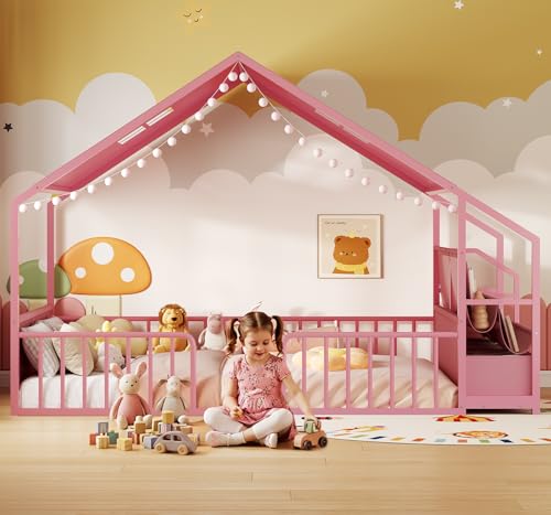 Twin Montessori House Bed with Guardrails, Book Shelf & Storage Drawers