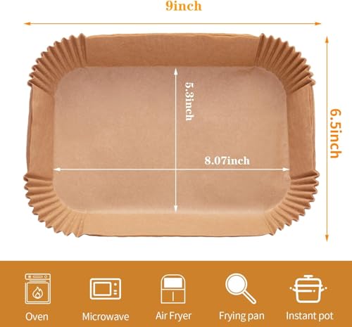 Rectangular Air Fryer Disposable Paper Liners - 100 Pack Non-Stick 9x6 Inch
