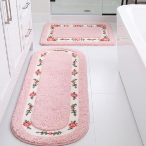 2-Piece Pink Rose Flower Bathroom Rug Set, Non-Slip Absorbent Floral Mats