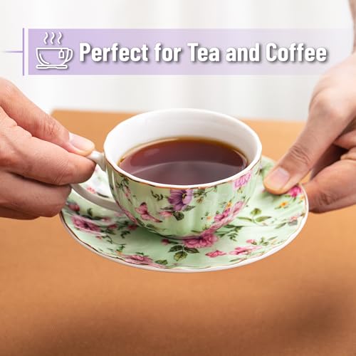 Midnight Florals Porcelain Tea Cups & Saucers Set of 6 - 7 oz, Brew To A Tea