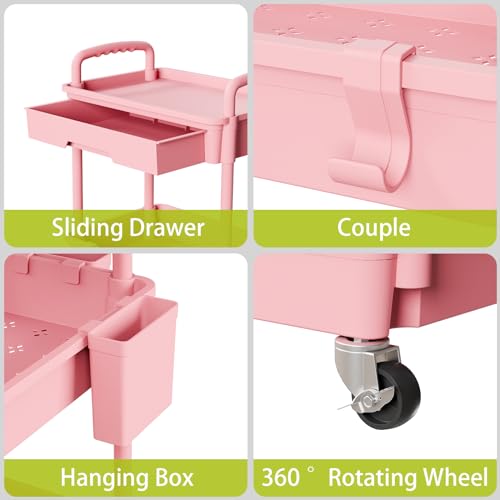 3-Tier Rolling Utility Cart with Drawer & Hooks, Pink Mobile Storage Shelf