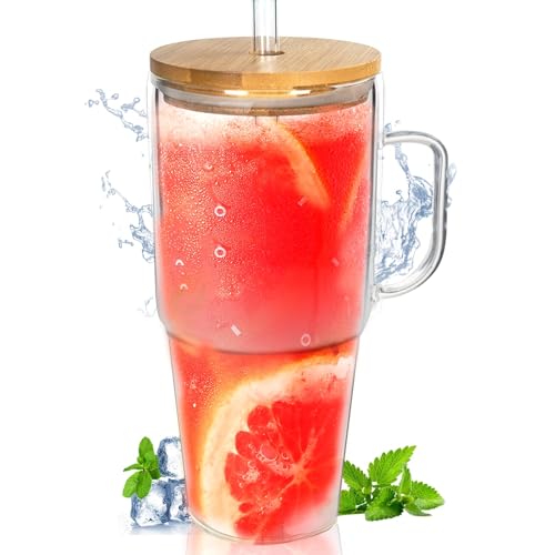40 Oz Glass Tumbler with Handle, Bamboo Lid and Glass Straw