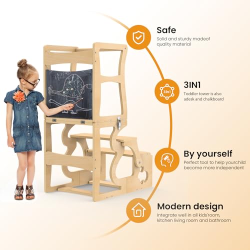 3-in-1 Foldable Toddler Kitchen Helper Stool with Chalkboard & Safety Rail