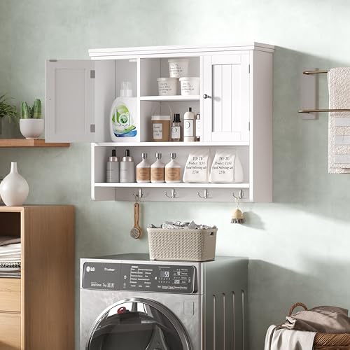 3-Tier Wall Mounted Bathroom Cabinet with Doors and Hooks, White Storage Shelf