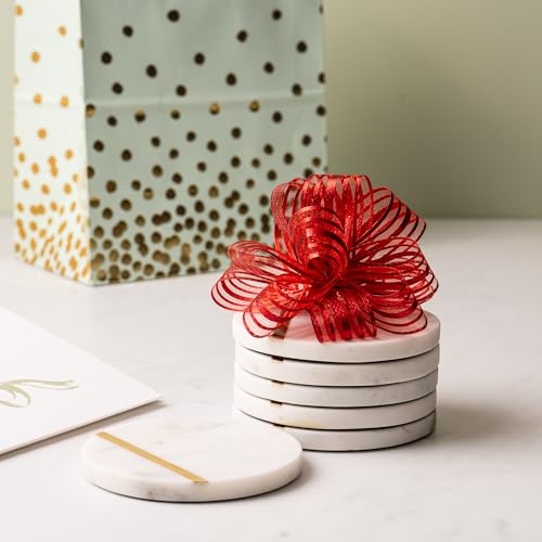 Marble & Gold Brass Inlay Coasters Set of 6 | Elegant White Drink Coasters