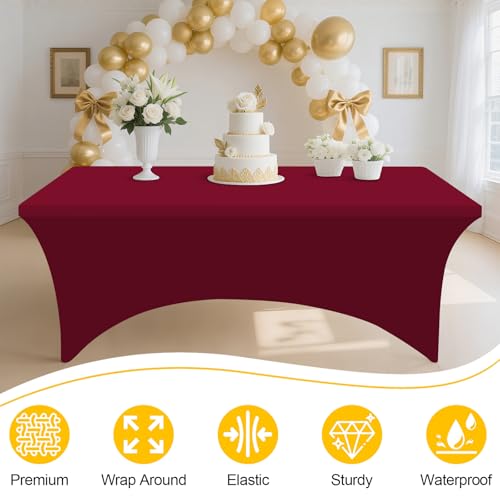 Smiry 2 Pack Elastic Fitted 8FT Tablecloth Wine Red 30" x 96"