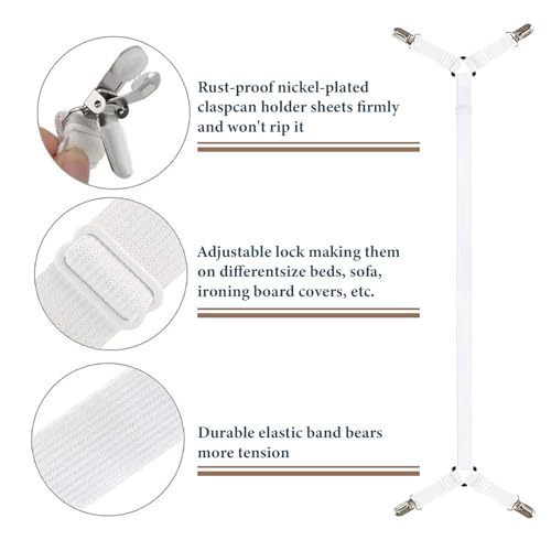 Adjustable Bed Sheet Holder Straps with Metal Clips - 2PCS White