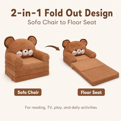 2-in-1 Fold Out Toddler Sofa Chair - Comfy Bear Kids Couch for Ages 1-4