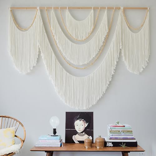 White Macrame Wall Hanging Boho Yarn Art with Beads - 57 x 35 Inches