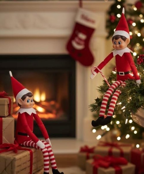 Lolli Lookout™ Christmas Elf Pair - Classic Plush Figurines | 14 Inch Red Holiday Shelf Sitters for Mantel Decor