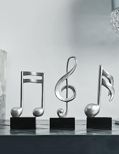3-Piece Music Note Table Sculpture, 7.5-Inch Silver Resin Piano Decor