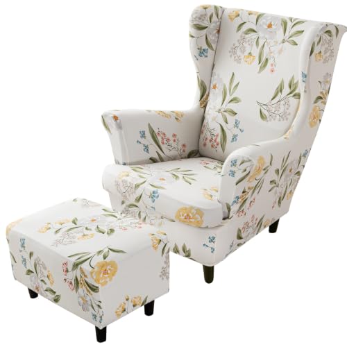 Stretch Wing Chair Cover Set with Ottoman - 3 Piece Slipcover