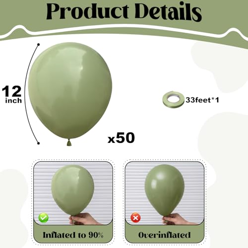 Togvu Sage Green Balloons 50-Pack 12-Inch Latex Party Balloons for Woodland Baby Shower