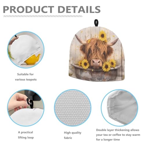 Highland Cow and Sunflower Insulated Tea Cozy for Standard Teapots