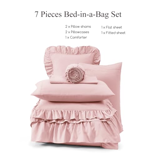 Queen Ruffle Comforter Set - Soft Pink 7-Piece Bedding Set