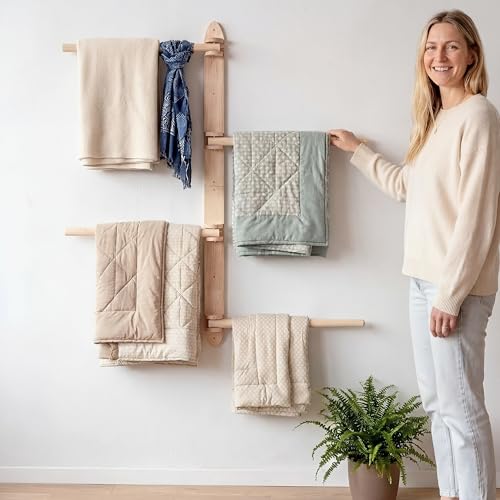 Wall-Mounted Quilt Rack with 4 Rotating Arms, Wooden Blanket Storage Holder