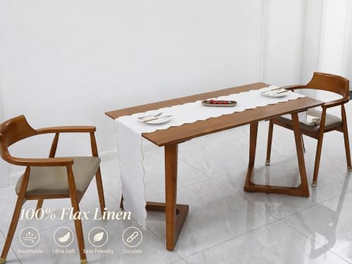 AORISSI 14x120 Inch White Linen Table Runner with Gold Edges, Rustic Embroidery, 100% Natural Flax
