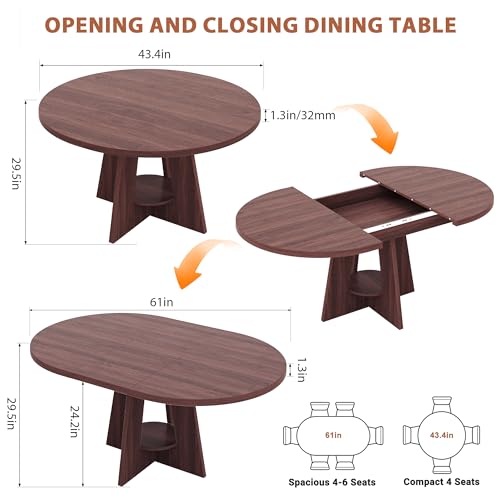 Extendable Round Dining Table, 43-59 Inch Oval Kitchen Table with Storage