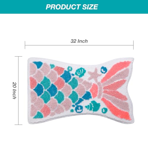 Mermaid Tail Bath Mat for Kids, Pink Teal, Non-Slip, 32" x 20"