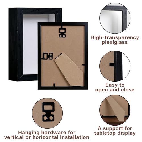 5x7 Shadow Box Frame - Black Wooden Deep Display Case for Wall or Tabletop