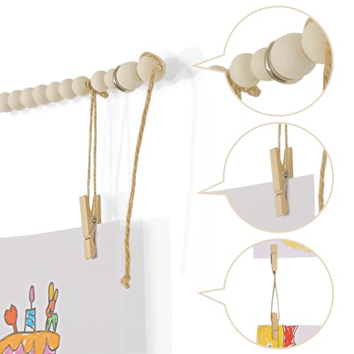 Kids Art Display Wall Hanging, Wood Bead Garland with 34 Clips